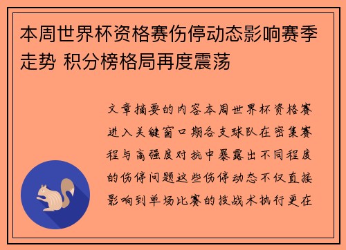 本周世界杯资格赛伤停动态影响赛季走势 积分榜格局再度震荡 本周世界杯资格赛伤停动态影响赛季走势 积分榜格局再度震荡